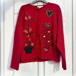 TALBOTS VTG 100% Wool Embroidered Hearts Birds Apple Beaded Cardigan Size L
